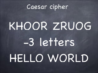 KHOOR ZRUOG
-3 letters
HELLO WORLD
Caesar cipher
 