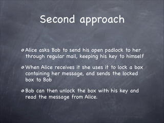 Second approach
Alice asks Bob to send his open padlock to her
through regular mail, keeping his key to himself

When Alice receives it she uses it to lock a box
containing her message, and sends the locked
box to Bob

Bob can then unlock the box with his key and
read the message from Alice.
 