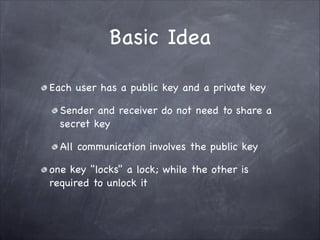 Basic Idea
Each user has a public key and a private key

Sender and receiver do not need to share a
secret key

All communication involves the public key 

one key "locks" a lock; while the other is
required to unlock it
 