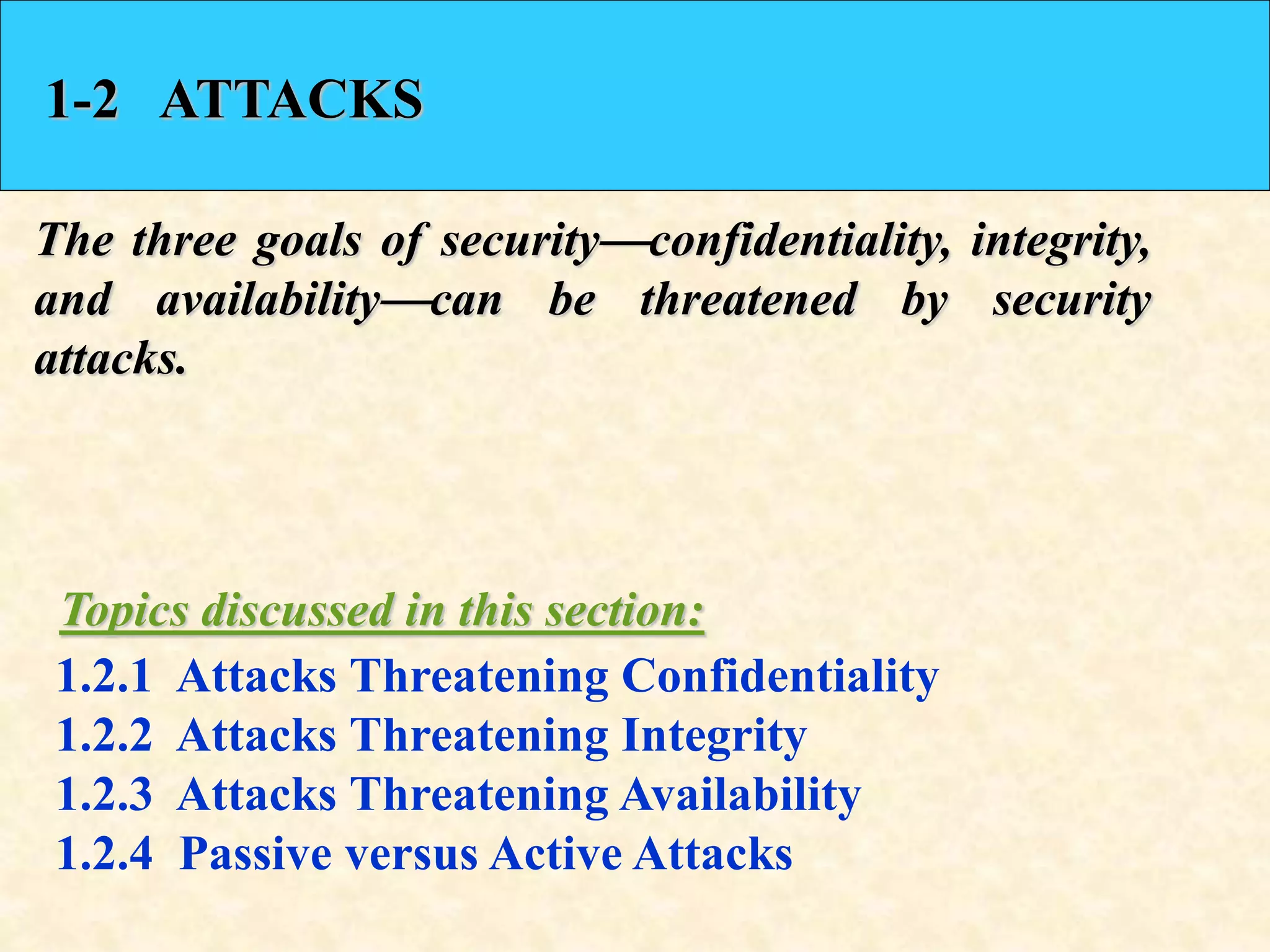 1-2 ATTACKS
The three goals of securityconfidentiality, integrity,
and availabilitycan be threatened by security
attacks.
1.2.1 Attacks Threatening Confidentiality
1.2.2 Attacks Threatening Integrity
1.2.3 Attacks Threatening Availability
1.2.4 Passive versus Active Attacks
Topics discussed in this section:
 