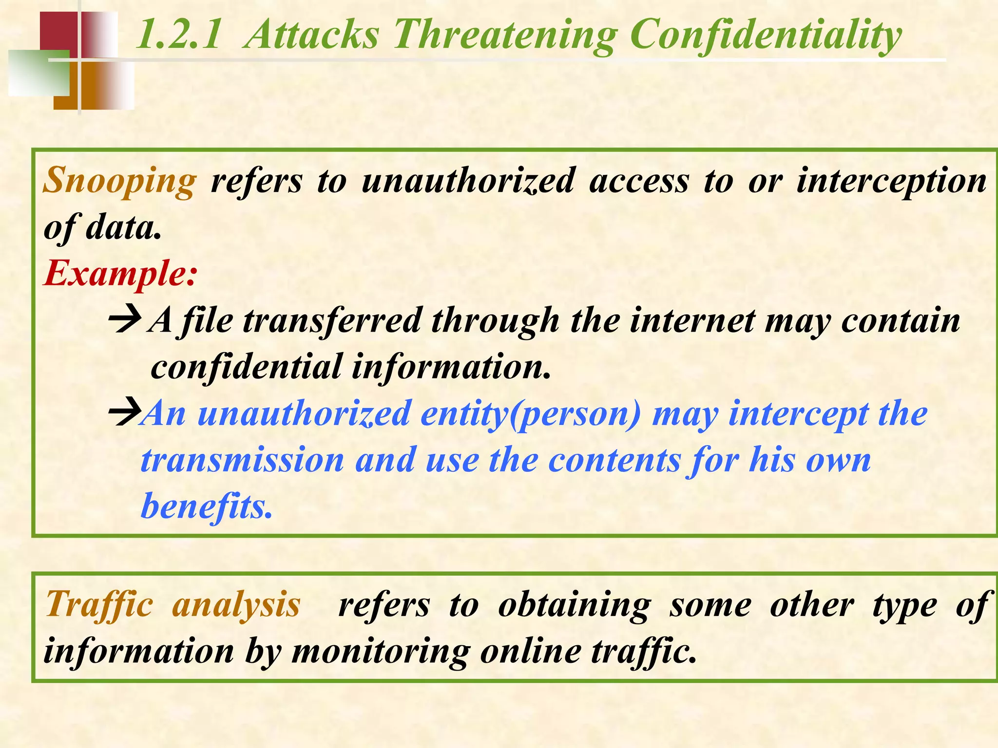 1.2.1 Attacks Threatening Confidentiality
Snooping refers to unauthorized access to or interception
of data.
Example:
 A file transferred through the internet may contain
confidential information.
An unauthorized entity(person) may intercept the
transmission and use the contents for his own
benefits.
Traffic analysis refers to obtaining some other type of
information by monitoring online traffic.
 
