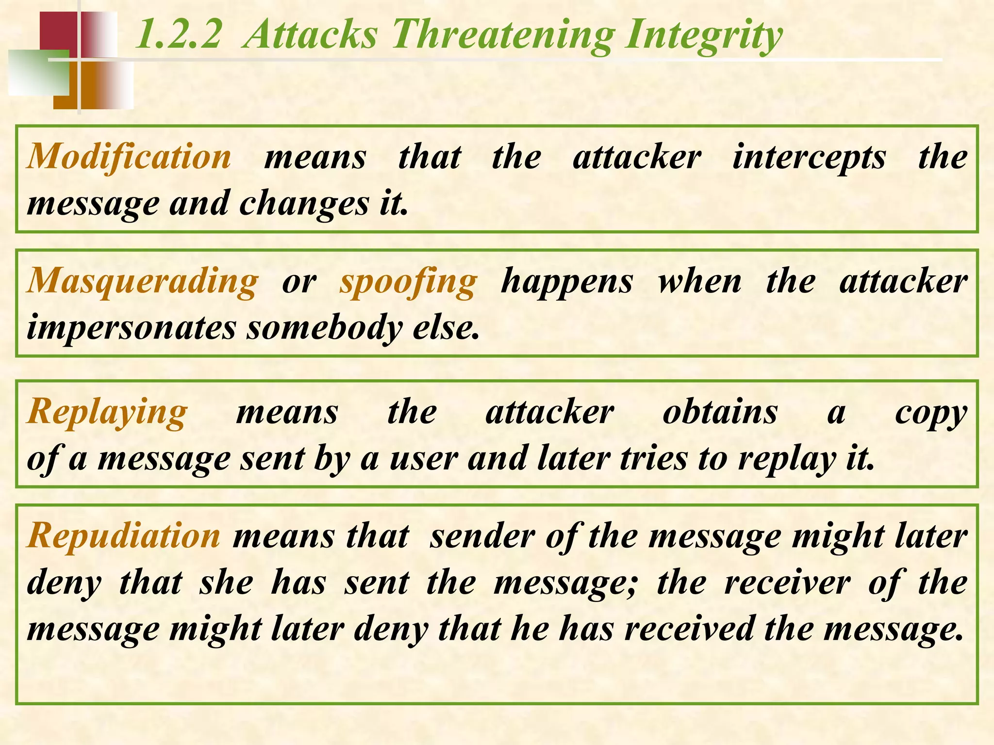 1.2.2 Attacks Threatening Integrity
Modification means that the attacker intercepts the
message and changes it.
Masquerading or spoofing happens when the attacker
impersonates somebody else.
Replaying means the attacker obtains a copy
of a message sent by a user and later tries to replay it.
Repudiation means that sender of the message might later
deny that she has sent the message; the receiver of the
message might later deny that he has received the message.
 