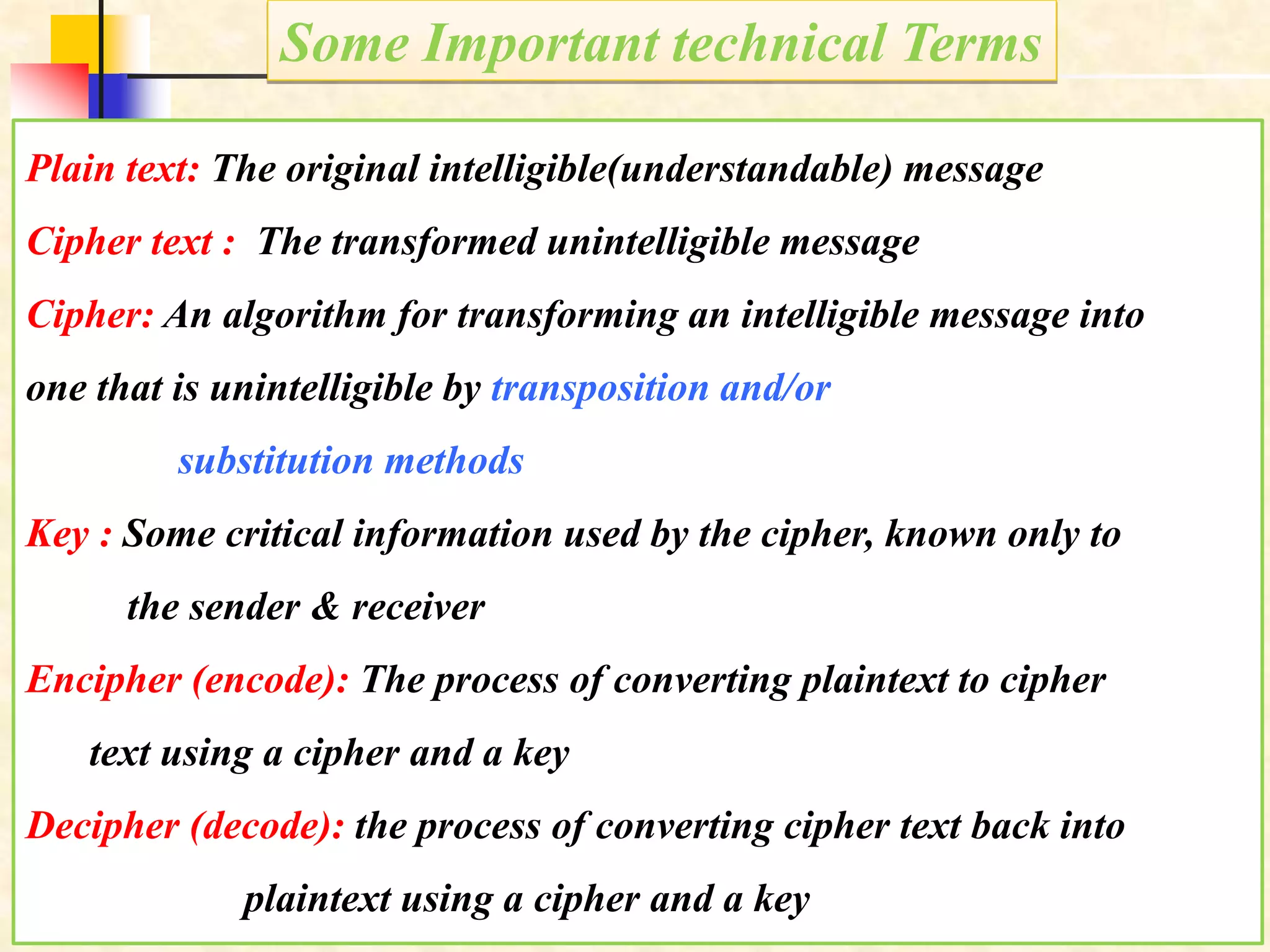 1.32
Some Important technical Terms
Plain text: The original intelligible(understandable) message
Cipher text : The transformed unintelligible message
Cipher: An algorithm for transforming an intelligible message into
one that is unintelligible by transposition and/or
substitution methods
Key : Some critical information used by the cipher, known only to
the sender & receiver
Encipher (encode): The process of converting plaintext to cipher
text using a cipher and a key
Decipher (decode): the process of converting cipher text back into
plaintext using a cipher and a key
 