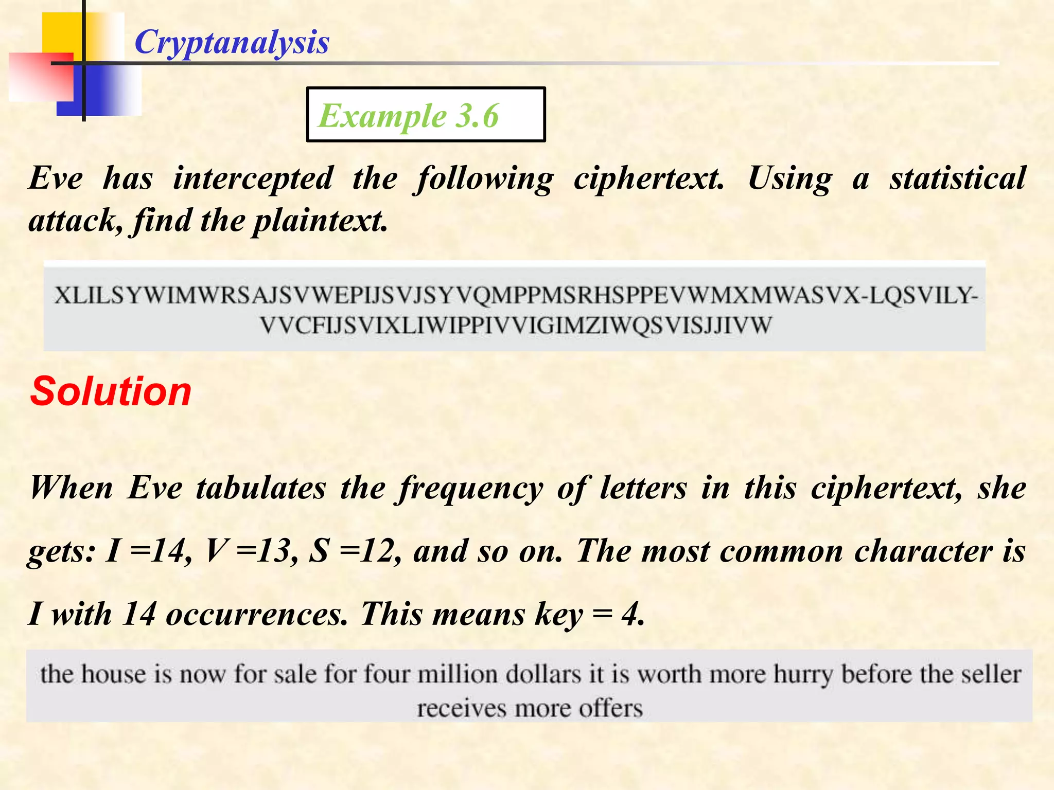 Eve has intercepted the following ciphertext. Using a statistical
attack, find the plaintext.
Example 3.6
When Eve tabulates the frequency of letters in this ciphertext, she
gets: I =14, V =13, S =12, and so on. The most common character is
I with 14 occurrences. This means key = 4.
Solution
Cryptanalysis
 