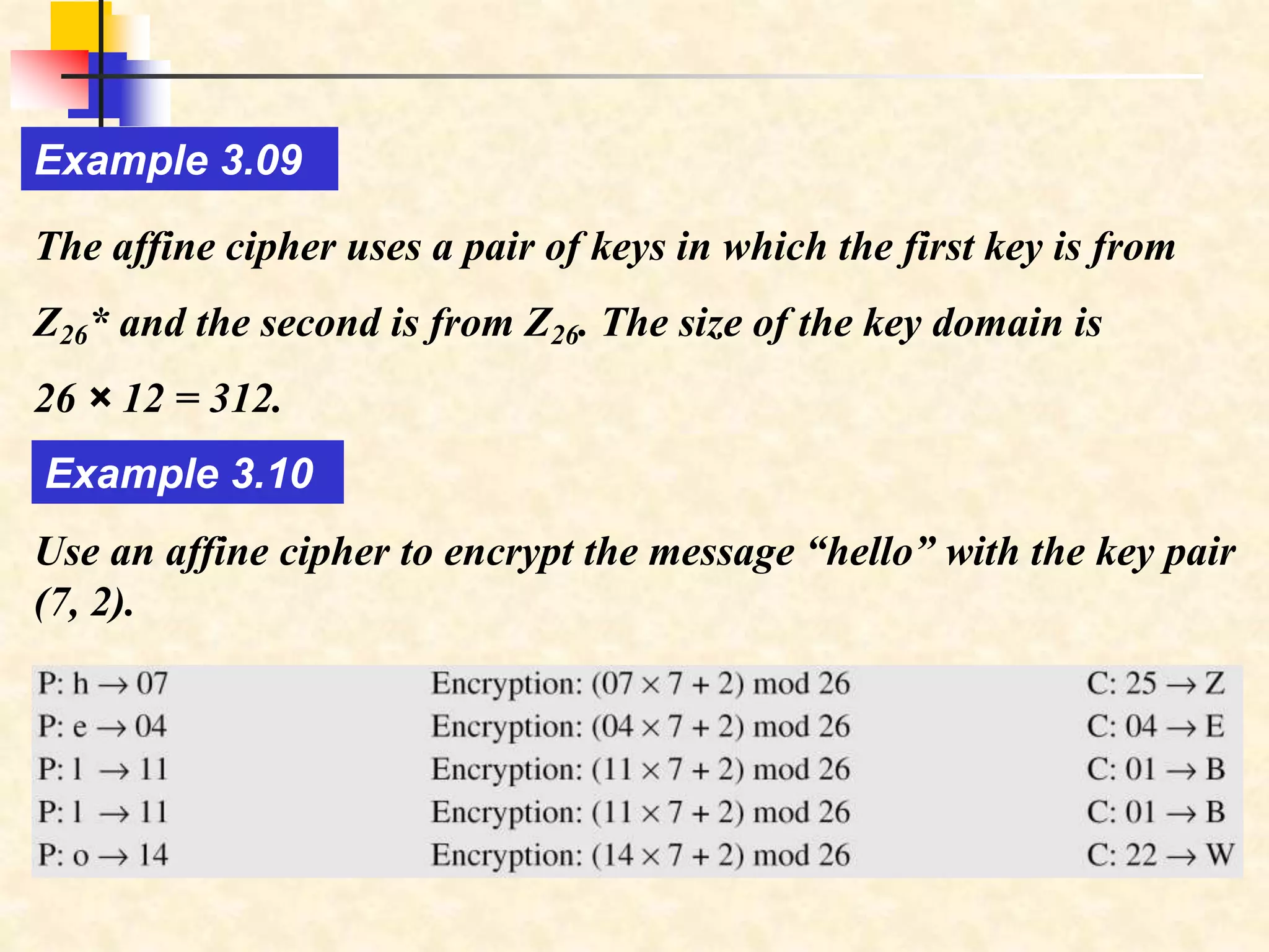The affine cipher uses a pair of keys in which the first key is from
Z26* and the second is from Z26. The size of the key domain is
26 × 12 = 312.
Example 3.09
Use an affine cipher to encrypt the message “hello” with the key pair
(7, 2).
Example 3.10
 