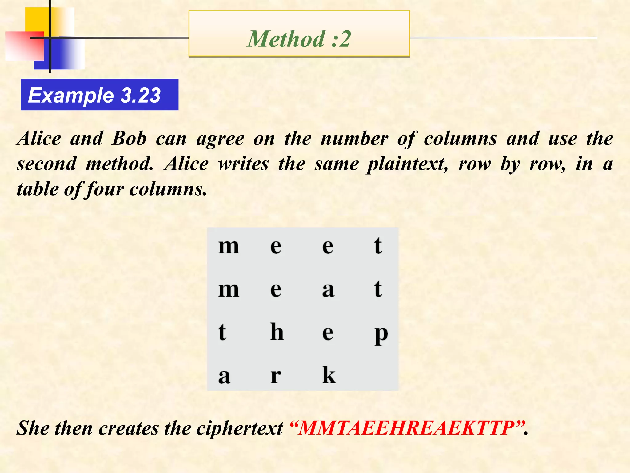 Alice and Bob can agree on the number of columns and use the
second method. Alice writes the same plaintext, row by row, in a
table of four columns.
Example 3.23
She then creates the ciphertext “MMTAEEHREAEKTTP”.
Method :2
 