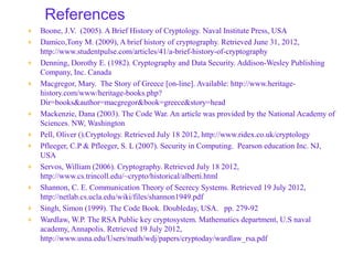 References
♦   Boone, J.V. (2005). A Brief History of Cryptology. Naval Institute Press, USA
♦   Damico,Tony M. (2009), A brief history of cryptography. Retrieved June 31, 2012,
    http://www.studentpulse.com/articles/41/a-brief-history-of-cryptography
♦   Denning, Dorothy E. (1982). Cryptography and Data Security. Addison-Wesley Publishing
    Company, Inc. Canada
♦   Macgregor, Mary. The Story of Greece [on-line]. Available: http://www.heritage-
    history.com/www/heritage-books.php?
    Dir=books&author=macgregor&book=greece&story=head
♦   Mackenzie, Dana (2003). The Code War. An article was provided by the National Academy of
    Sciences. NW, Washington
♦   Pell, Oliver ().Cryptology. Retrieved July 18 2012, http://www.ridex.co.uk/cryptology
♦   Pfleeger, C.P & Pfleeger, S. L (2007). Security in Computing. Pearson education Inc. NJ,
    USA
♦   Servos, William (2006). Cryptography. Retrieved July 18 2012,
    http://www.cs.trincoll.edu/~crypto/historical/alberti.html
♦   Shannon, C. E. Communication Theory of Secrecy Systems. Retrieved 19 July 2012,
    http://netlab.cs.ucla.edu/wiki/files/shannon1949.pdf
♦   Singh, Simon (1999). The Code Book. Doubleday, USA. pp. 279-92
♦   Wardlaw, W.P. The RSA Public key cryptosystem. Mathematics department, U.S naval
    academy, Annapolis. Retrieved 19 July 2012,
    http://www.usna.edu/Users/math/wdj/papers/cryptoday/wardlaw_rsa.pdf
 