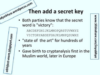 Then add a secret key
• Both parties know that the secret
word is "victory":
ABCDEFGHIJKLMNOPQRSTUVWXYZ
VICTORYABDEFGHJKLMNPQSUWXZ
• "state of the art" for hundreds of
years
• Gave birth to cryptanalysis first in the
Muslim world, later in Europe
 