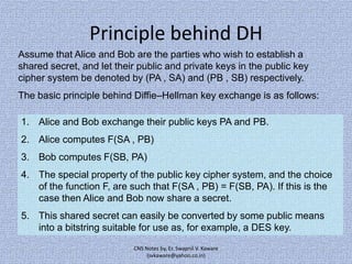 Principle behind DH
Assume that Alice and Bob are the parties who wish to establish a
shared secret, and let their public and private keys in the public key
cipher system be denoted by (PA , SA) and (PB , SB) respectively.

The basic principle behind Diffie–Hellman key exchange is as follows:
1. Alice and Bob exchange their public keys PA and PB.
2. Alice computes F(SA , PB)

3. Bob computes F(SB, PA)
4. The special property of the public key cipher system, and the choice
of the function F, are such that F(SA , PB) = F(SB, PA). If this is the
case then Alice and Bob now share a secret.

5. This shared secret can easily be converted by some public means
into a bitstring suitable for use as, for example, a DES key.
CNS Notes by, Er. Swapnil V. Kaware
(svkaware@yahoo.co.in)

 