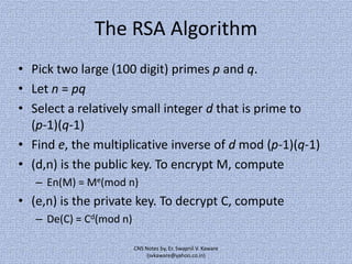 The RSA Algorithm
• Pick two large (100 digit) primes p and q.
• Let n = pq
• Select a relatively small integer d that is prime to
(p-1)(q-1)
• Find e, the multiplicative inverse of d mod (p-1)(q-1)
• (d,n) is the public key. To encrypt M, compute
– En(M) = Me(mod n)

• (e,n) is the private key. To decrypt C, compute
– De(C) = Cd(mod n)
CNS Notes by, Er. Swapnil V. Kaware
(svkaware@yahoo.co.in)

 