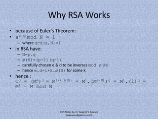 Why RSA Works
• because of Euler's Theorem:
• aø(n)mod N = 1
– where gcd(a,N)=1

• in RSA have:
–
–
–
–

N=p.q
ø(N)=(p-1)(q-1)
carefully chosen e & d to be inverses mod ø(N)
hence e.d=1+k.ø(N) for some k

• hence :
Cd = (Me)d = M1+k.ø(N) = M1.(Mø(N))q = M1.(1)q =
M1 = M mod N

CNS Notes by, Er. Swapnil V. Kaware
(svkaware@yahoo.co.in)

 