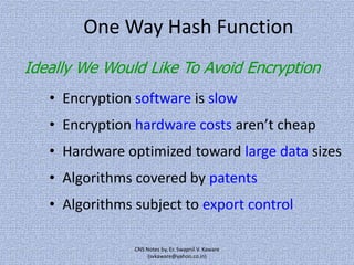 One Way Hash Function
Ideally We Would Like To Avoid Encryption
• Encryption software is slow

• Encryption hardware costs aren’t cheap
• Hardware optimized toward large data sizes

• Algorithms covered by patents
• Algorithms subject to export control
CNS Notes by, Er. Swapnil V. Kaware
(svkaware@yahoo.co.in)

 