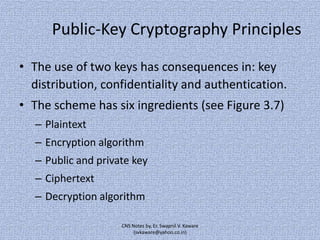 Public-Key Cryptography Principles
• The use of two keys has consequences in: key
distribution, confidentiality and authentication.
• The scheme has six ingredients (see Figure 3.7)
– Plaintext

– Encryption algorithm
– Public and private key
– Ciphertext

– Decryption algorithm
CNS Notes by, Er. Swapnil V. Kaware
(svkaware@yahoo.co.in)

 