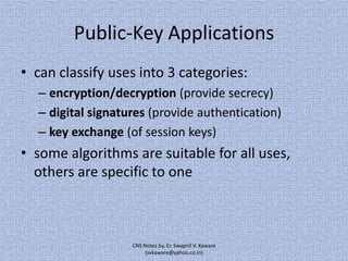 Public-Key Applications
• can classify uses into 3 categories:
– encryption/decryption (provide secrecy)
– digital signatures (provide authentication)
– key exchange (of session keys)

• some algorithms are suitable for all uses,
others are specific to one

CNS Notes by, Er. Swapnil V. Kaware
(svkaware@yahoo.co.in)

 