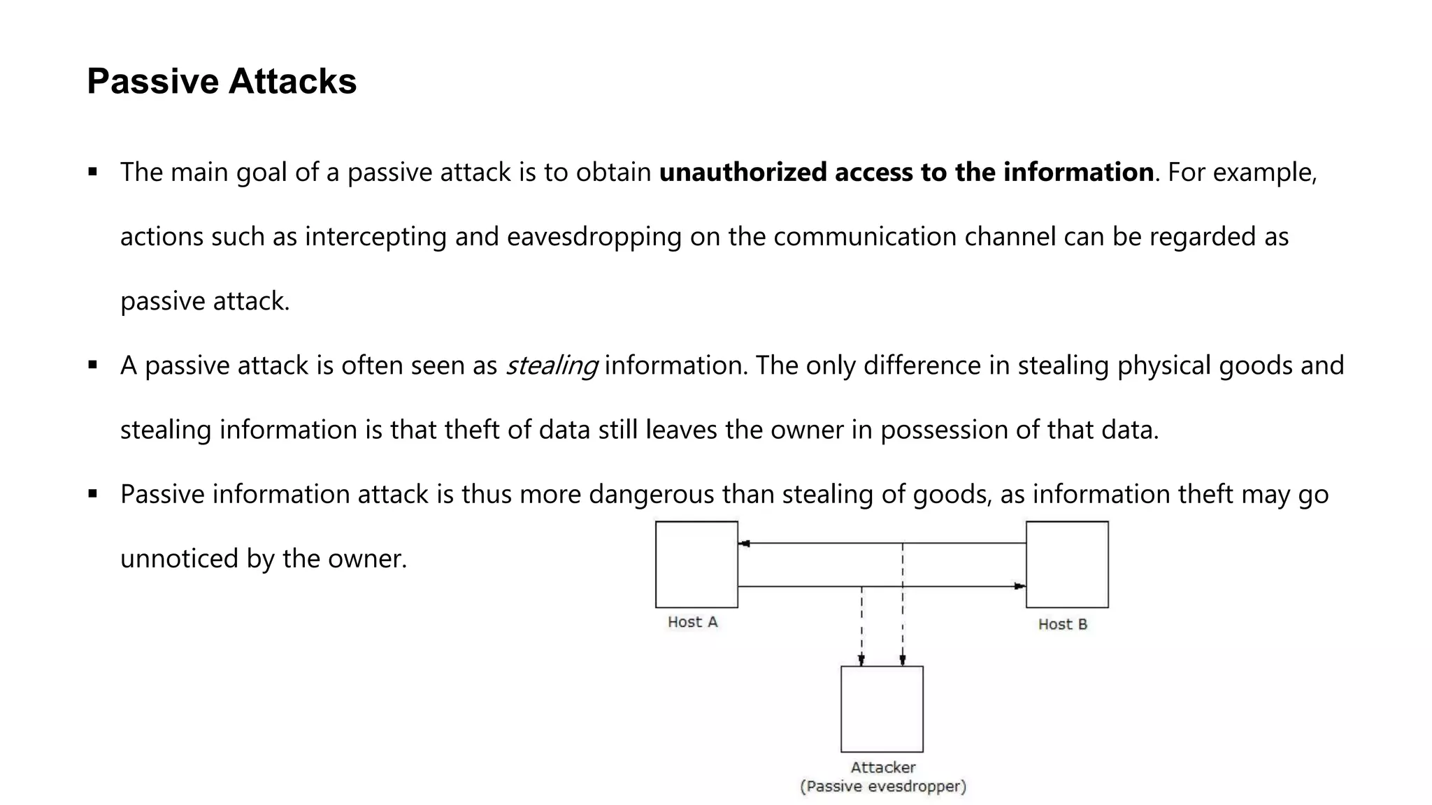  The main goal of a passive attack is to obtain unauthorized access to the information. For example,
actions such as intercepting and eavesdropping on the communication channel can be regarded as
passive attack.
 A passive attack is often seen as stealing information. The only difference in stealing physical goods and
stealing information is that theft of data still leaves the owner in possession of that data.
 Passive information attack is thus more dangerous than stealing of goods, as information theft may go
unnoticed by the owner.
Passive Attacks
 