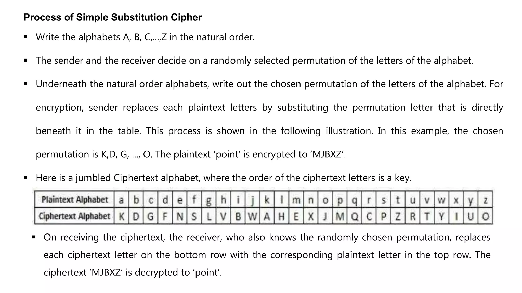 Process of Simple Substitution Cipher
 Write the alphabets A, B, C,...,Z in the natural order.
 The sender and the receiver decide on a randomly selected permutation of the letters of the alphabet.
 Underneath the natural order alphabets, write out the chosen permutation of the letters of the alphabet. For
encryption, sender replaces each plaintext letters by substituting the permutation letter that is directly
beneath it in the table. This process is shown in the following illustration. In this example, the chosen
permutation is K,D, G, ..., O. The plaintext ‘point’ is encrypted to ‘MJBXZ’.
 Here is a jumbled Ciphertext alphabet, where the order of the ciphertext letters is a key.
 On receiving the ciphertext, the receiver, who also knows the randomly chosen permutation, replaces
each ciphertext letter on the bottom row with the corresponding plaintext letter in the top row. The
ciphertext ‘MJBXZ’ is decrypted to ‘point’.
 