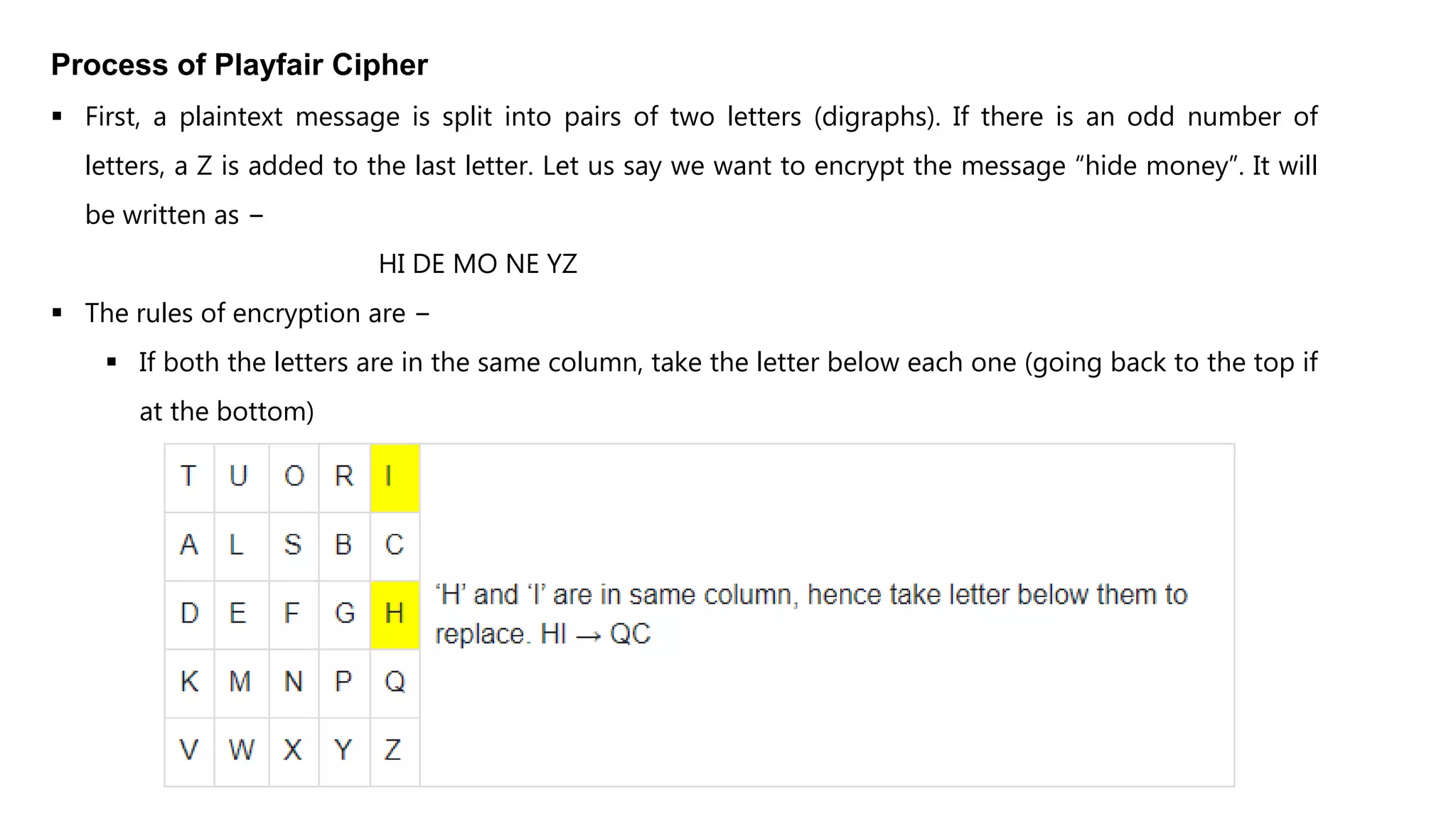 Process of Playfair Cipher
 First, a plaintext message is split into pairs of two letters (digraphs). If there is an odd number of
letters, a Z is added to the last letter. Let us say we want to encrypt the message “hide money”. It will
be written as −
HI DE MO NE YZ
 The rules of encryption are −
 If both the letters are in the same column, take the letter below each one (going back to the top if
at the bottom)
 