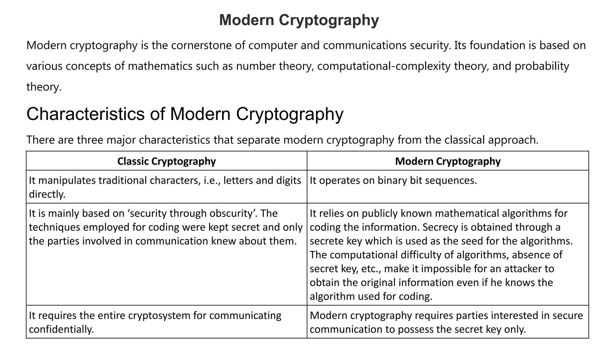 Modern Cryptography
Modern cryptography is the cornerstone of computer and communications security. Its foundation is based on
various concepts of mathematics such as number theory, computational-complexity theory, and probability
theory.
Characteristics of Modern Cryptography
There are three major characteristics that separate modern cryptography from the classical approach.
Classic Cryptography Modern Cryptography
It manipulates traditional characters, i.e., letters and digits
directly.
It operates on binary bit sequences.
It is mainly based on ‘security through obscurity’. The
techniques employed for coding were kept secret and only
the parties involved in communication knew about them.
It relies on publicly known mathematical algorithms for
coding the information. Secrecy is obtained through a
secrete key which is used as the seed for the algorithms.
The computational difficulty of algorithms, absence of
secret key, etc., make it impossible for an attacker to
obtain the original information even if he knows the
algorithm used for coding.
It requires the entire cryptosystem for communicating
confidentially.
Modern cryptography requires parties interested in secure
communication to possess the secret key only.
 