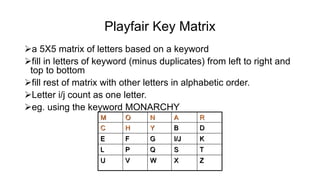 Playfair Key Matrix
a 5X5 matrix of letters based on a keyword
fill in letters of keyword (minus duplicates) from left to right and
top to bottom
fill rest of matrix with other letters in alphabetic order.
Letter i/j count as one letter.
eg. using the keyword MONARCHY
M O N A R
C H Y B D
E F G I/J K
L P Q S T
U V W X Z
 