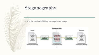 Steganography
– It is the method of hiding message into a image.
 