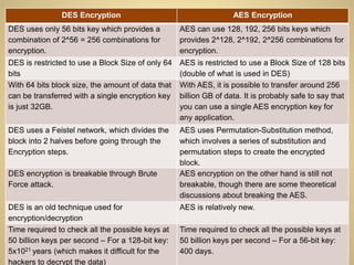 DES Encryption AES Encryption
DES uses only 56 bits key which provides a
combination of 2^56 = 256 combinations for
encryption.
AES can use 128, 192, 256 bits keys which
provides 2^128, 2^192, 2^256 combinations for
encryption.
DES is restricted to use a Block Size of only 64
bits
AES is restricted to use a Block Size of 128 bits
(double of what is used in DES)
With 64 bits block size, the amount of data that
can be transferred with a single encryption key
is just 32GB.
With AES, it is possible to transfer around 256
billion GB of data. It is probably safe to say that
you can use a single AES encryption key for
any application.
DES uses a Feistel network, which divides the
block into 2 halves before going through the
Encryption steps.
AES uses Permutation-Substitution method,
which involves a series of substitution and
permutation steps to create the encrypted
block.
DES encryption is breakable through Brute
Force attack.
AES encryption on the other hand is still not
breakable, though there are some theoretical
discussions about breaking the AES.
DES is an old technique used for
encryption/decryption
AES is relatively new.
Time required to check all the possible keys at
50 billion keys per second – For a 128-bit key:
5x1021 years (which makes it difficult for the
hackers to decrypt the data)
Time required to check all the possible keys at
50 billion keys per second – For a 56-bit key:
400 days.
 