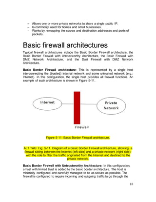 18
– Allows one or more private networks to share a single public IP.
– Is commonly used for homes and small businesses.
– Works by remapping the source and destination addresses and ports of
packets.
Basic firewall architectures
Typical firewall architectures include the Basic Border Firewall architecture, the
Basic Border Firewall with Untrustworthy Architecture, the Basic Firewall with
DMZ Network Architecture, and the Dual Firewall with DMZ Network
Architecture.
Basic Border Firewall architecture: This is represented by a single host
interconnecting the (trusted) internal network and some untrusted network (e.g.:
Internet). In this configuration, the single host provides all firewall functions. An
example of such architecture is shown in Figure 5-11.
Figure 5-11: Basic Border Firewall architecture.
ALT TAG: Fig. 5-11. Diagram of a Basic Border Firewall architecture, showing a
firewall sitting between the Internet (left side) and a private network (right side),
with the role to filter the traffic originated from the Internet and destined to the
private network.
Basic Border Firewall with Untrustworthy Architecture: In this configuration,
a host with limited trust is added to the basic border architecture. The host is
minimally configured and carefully managed to be as secure as possible. The
firewall is configured to require incoming and outgoing traffic to go through the
 