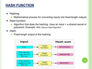 HASH FUNCTION
12
 Hashing:
 Mathematical process for converting inputs into fixed-length outputs
 Hash function:
 Algorithm that does the hashing. Uses an input + a shared secret or
password. Example: MD5, Secure Hash Algorithm.
 Hash:
 Fixed-length output of the hashing
 