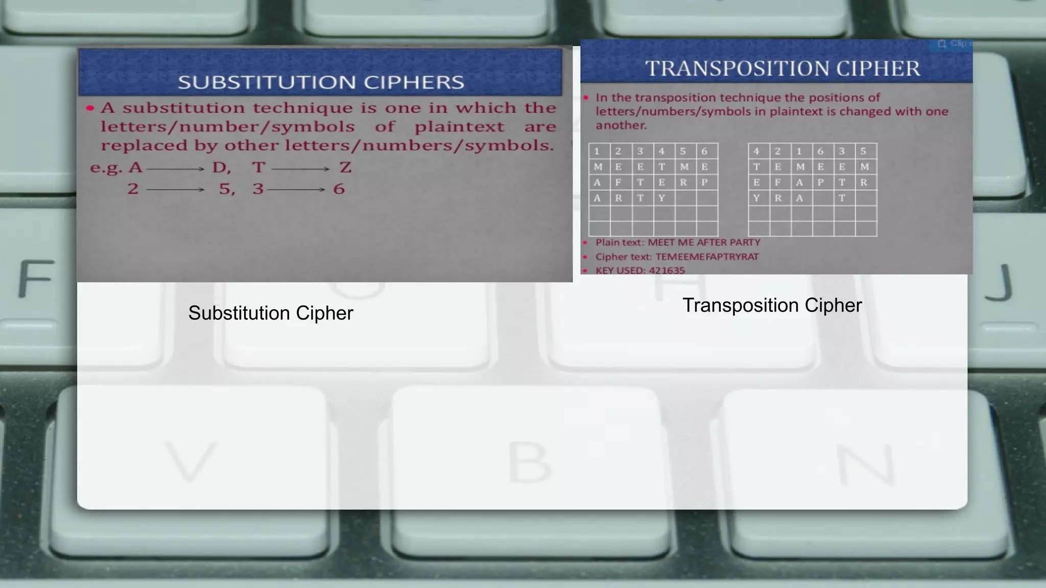 Substitution Cipher Transposition Cipher
 