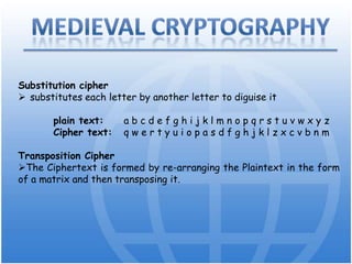 Early Cryptography500- 600 BC486 BC: Greece60 –50 BC: JuliusCaesarSubstitution cipherUsed by HebrewShift letters by X positions E.g. X = 3: A -> D, B -> E, C ->F, ..