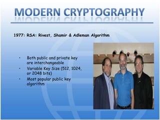 modern Cryptography1976: Diffie-Hellman Key ExchangePrivate key: This key must be know only by its owner.Public key: This key is known to everyone 