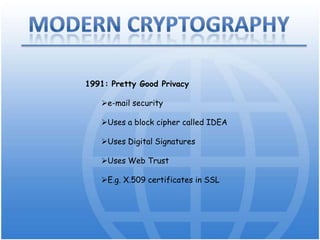modern Cryptography1977: RSA: Rivest, Shamir & Adleman AlgorithmBoth public and private key are interchangeable