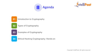 Copyright IntelliPaat, All rights reserved
Agenda
02 Types of Cryptography
01 Introduction to Cryptography
03 Examples of Cryptography
04 Ethical Hacking Cryptography: Hands-on
 
