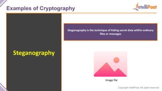 Copyright IntelliPaat, All rights reserved
Examples of Cryptography
Steganography
Steganography is the technique of hiding secret data within ordinary
files or messages
Data
Image file
 