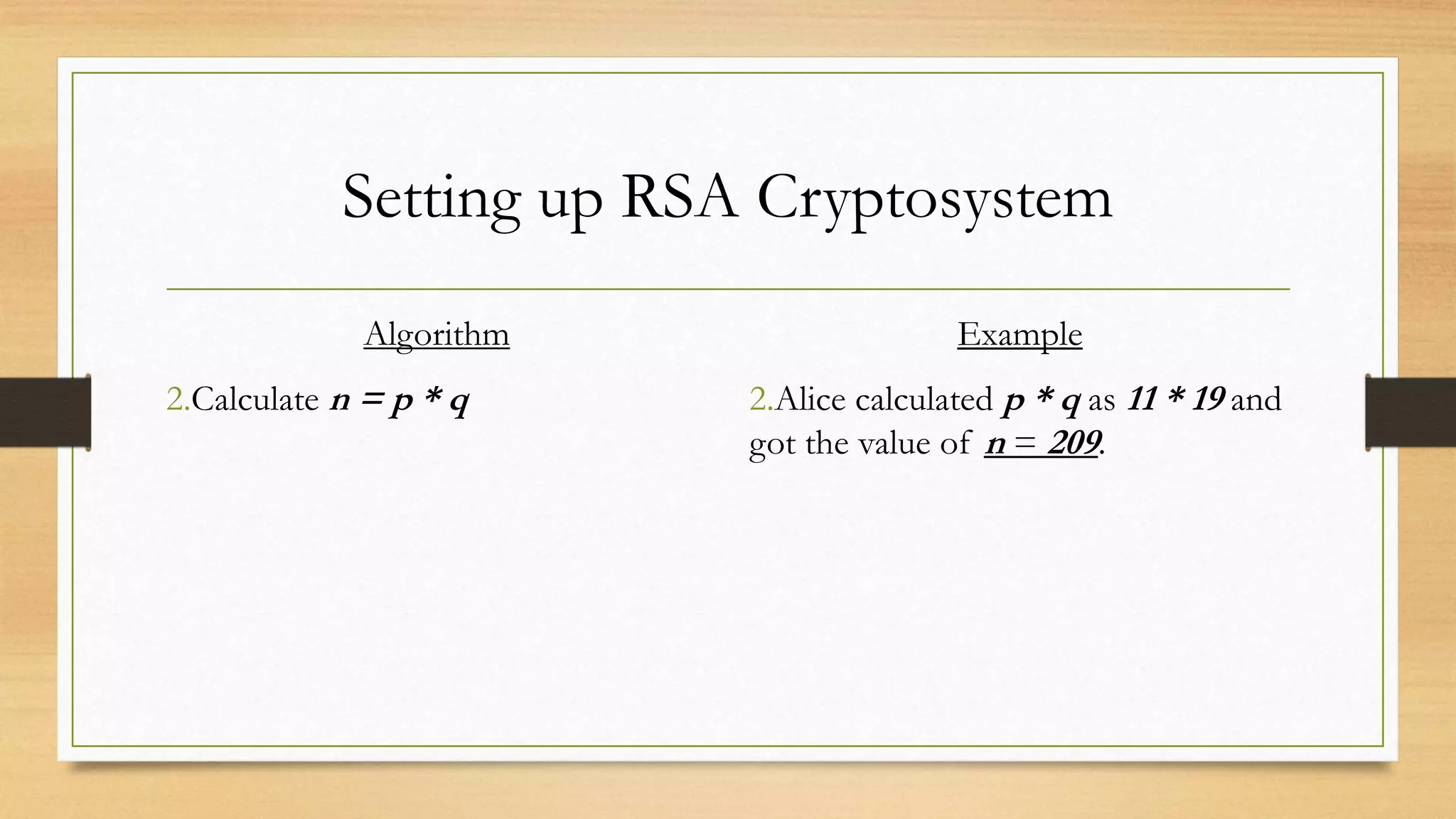 Setting up RSA Cryptosystem 
Algorithm 
2.Calculate n = p * q 
Example 
2.Alice calculated p * q as 11 * 19 and 
got the value of n = 209. 
 
