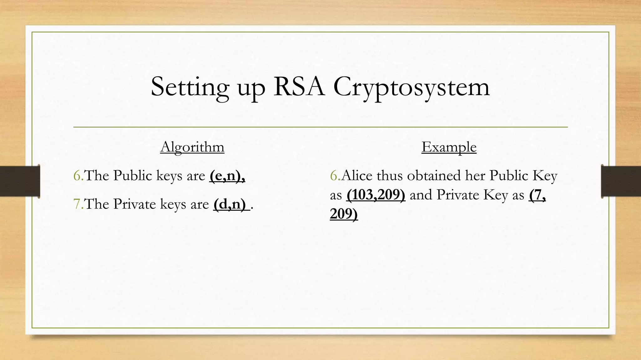 Setting up RSA Cryptosystem 
Algorithm 
6.The Public keys are (e,n), 
7.The Private keys are (d,n) . 
Example 
6.Alice thus obtained her Public Key 
as (103,209) and Private Key as (7, 
209) 
 