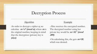 Decryption Process 
Algorithm 
●In order to decrypt a cipher c, we 
calculate m≡cd (mod n), where m is 
the original number, keeping in mind 
that the decryption (private) key is 
(d,n) . 
Example 
●Alice receives the encrypted number. 
The decrypted number using her 
private key would be m≡32 7 (mod 
209) 
●On calculating this, she gets m=10, 
which was desired. 
 