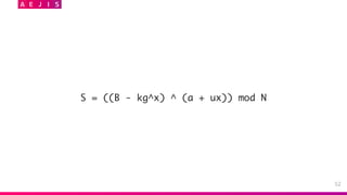 52
S = ((B - kg^x) ^ (a + ux)) mod N
 