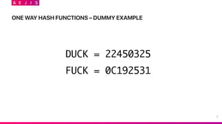ONE WAY HASH FUNCTIONS – DUMMY EXAMPLE
7
DUCK = 22450325
FUCK = 0C192531
 