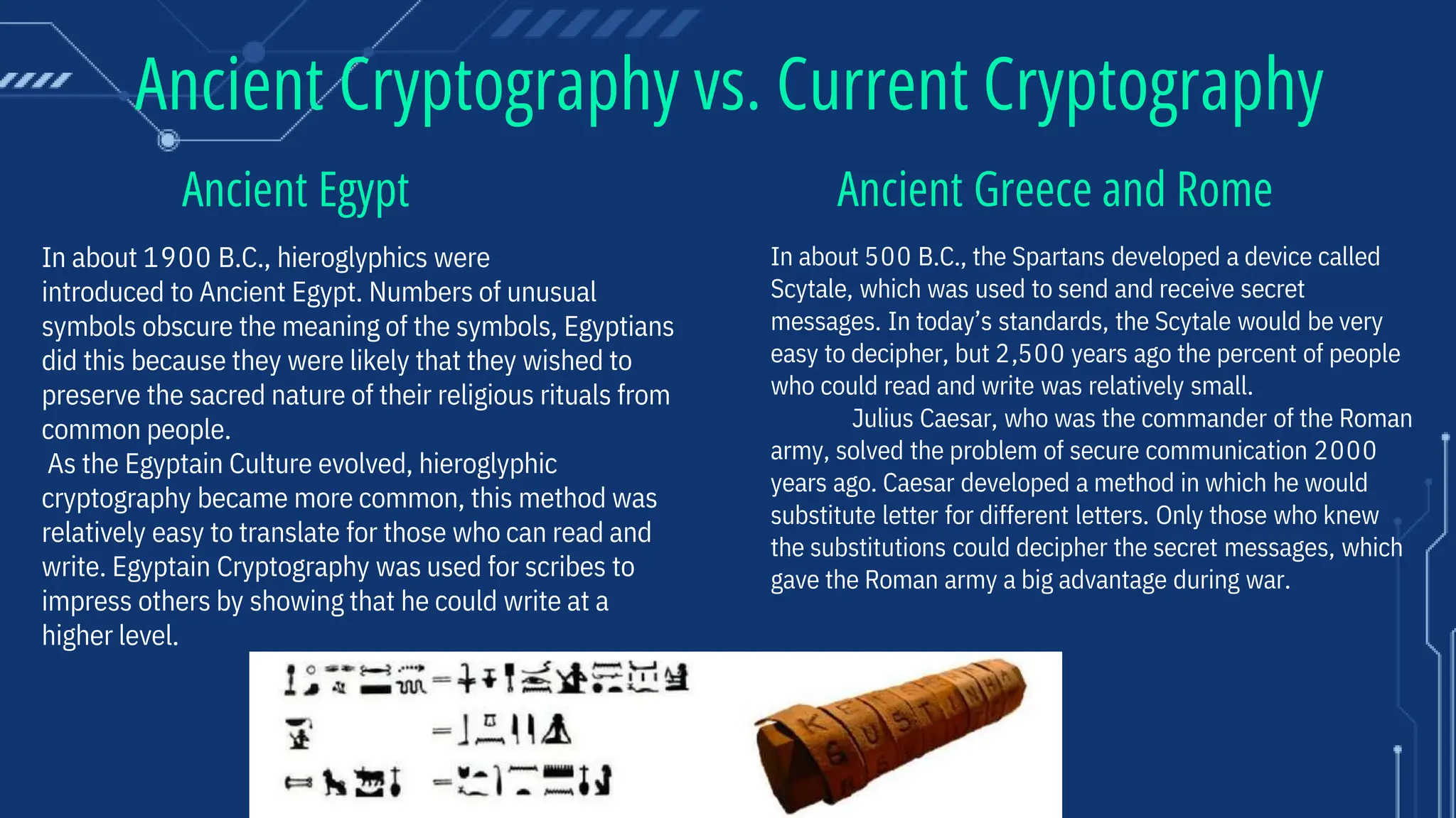 Ancient Cryptography vs. Current Cryptography
In about 500 B.C., the Spartans developed a device called
Scytale, which was used to send and receive secret
messages. In today’s standards, the Scytale would be very
easy to decipher, but 2,500 years ago the percent of people
who could read and write was relatively small.
Julius Caesar, who was the commander of the Roman
army, solved the problem of secure communication 2000
years ago. Caesar developed a method in which he would
substitute letter for different letters. Only those who knew
the substitutions could decipher the secret messages, which
gave the Roman army a big advantage during war.
In about 1900 B.C., hieroglyphics were
introduced to Ancient Egypt. Numbers of unusual
symbols obscure the meaning of the symbols, Egyptians
did this because they were likely that they wished to
preserve the sacred nature of their religious rituals from
common people.
As the Egyptain Culture evolved, hieroglyphic
cryptography became more common, this method was
relatively easy to translate for those who can read and
write. Egyptain Cryptography was used for scribes to
impress others by showing that he could write at a
higher level.
Ancient Egypt Ancient Greece and Rome
 