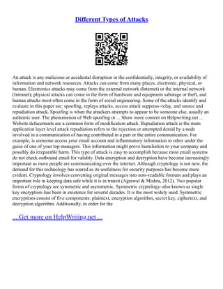Different Types of Attacks
An attack is any malicious or accidental disruption in the confidentially, integrity, or availability of
information and network resources. Attacks can come from many places, electronic, physical, or
human. Electronics attacks may come from the external network (Internet) or the internal network
(Intranet); physical attacks can come in the form of hardware and equipment sabotage or theft, and
human attacks most often come in the form of social engineering. Some of the attacks identify and
evaluate in this paper are: spoofing, replays attacks, access attack suppress–relay, and source and
repudiation attack. Spoofing is when the attackers attempts to appear to be someone else, usually an
authentic user. The phenomenon of Web spoofing or ... Show more content on Helpwriting.net ...
Website defacements are a common form of modification attack. Repudiation attack is the main
application layer level attack repudiation refers to the rejection or attempted denial by a node
involved in a communication of having contributed in a part or the entire communication. For
example, is someone access your email account and inflammatory information to other under the
guise of one of your top managers. This information might prove humiliation to your company and
possibly do irreparable harm. This type of attack is easy to accomplish because most email systems
do not check outbound email for validity. Data encryption and decryption have become increasingly
important as more people are communicating over the internet. Although cryptology is not new, the
demand for this technology has soared as its usefulness for security purposes has become more
evident. Cryptology involves converting original messages into non–readable formats and plays an
important role in keeping data safe while it is in transit (Agrawal & Mishra, 2012). Two popular
forms of cryptology are symmetric and asymmetric. Symmetric cryptology–also known as single
key encryption–has been in existence for several decades. It is the most widely used. Symmetric
encryptions consist of five components: plaintext, encryption algorithm, secret key, ciphertext, and
decryption algorithm. Additionally, in order for the
... Get more on HelpWriting.net ...
 