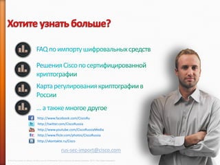 http://www.facebook.com/CiscoRu
                                   http://twitter.com/CiscoRussia
                                   http://www.youtube.com/CiscoRussiaMedia
                                   http://www.flickr.com/photos/CiscoRussia
                                   http://vkontakte.ru/Cisco

                                                                rus-sec-import@cisco.com
© 2013 Cisco and/or its affiliates. All rights reserved © Компания Cisco и (или) ее дочерние компании, 2013 г. Все права защищены.
 