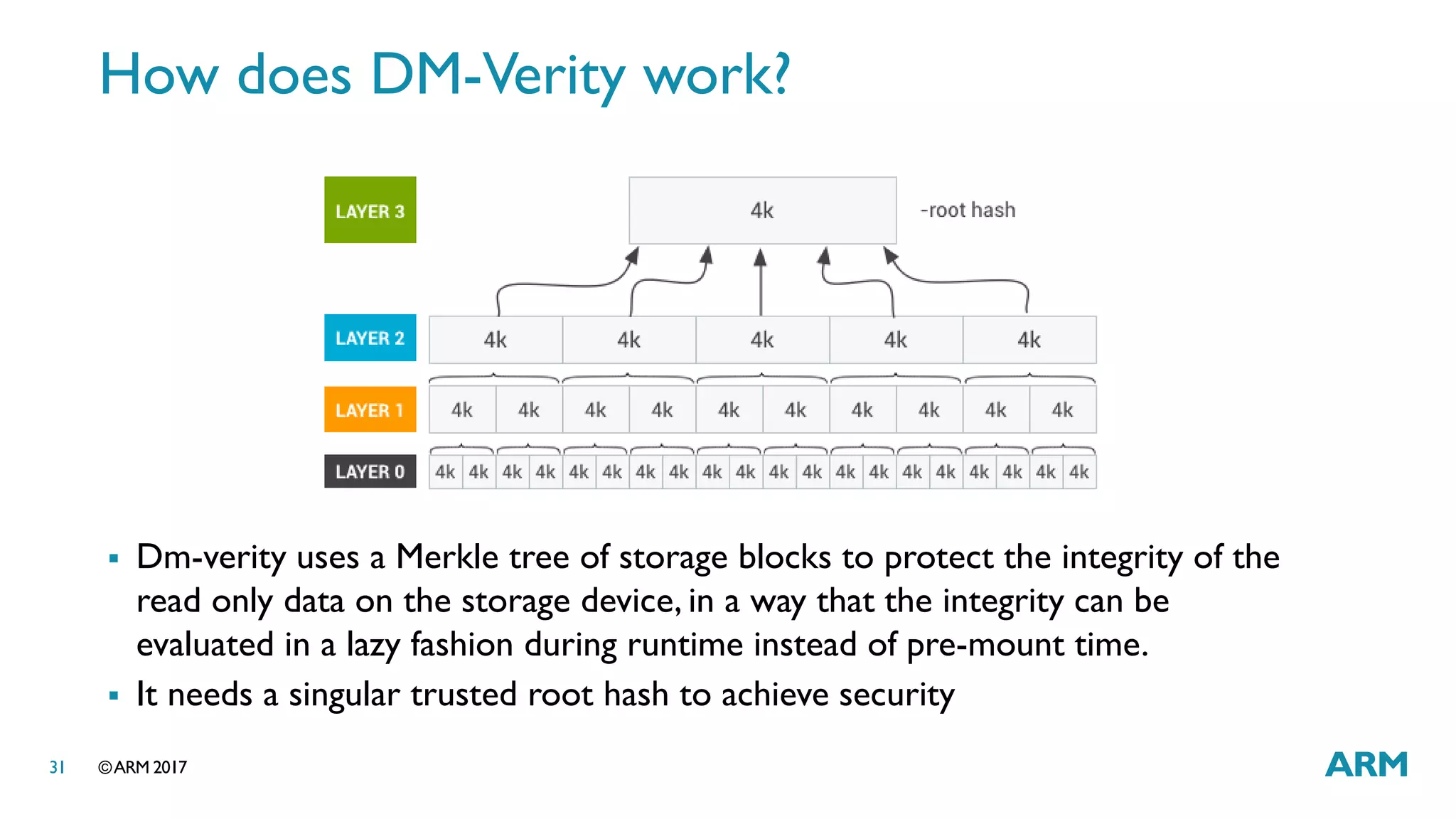 ©ARM 201731
How does DM-Verity work?
 Dm-verity uses a Merkle tree of storage blocks to protect the integrity of the
read only data on the storage device, in a way that the integrity can be
evaluated in a lazy fashion during runtime instead of pre-mount time.
 It needs a singular trusted root hash to achieve security
 