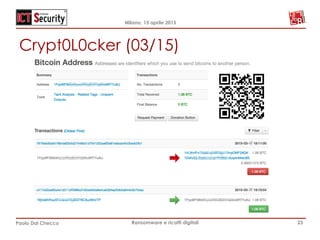 Milano, 15 aprile 2015
Paolo Dal Checco Ransomware e ricatti digitali
Crypt0L0cker (03/15)
23
 