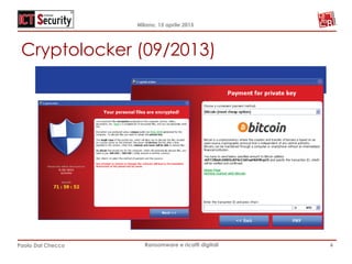 Milano, 15 aprile 2015
Paolo Dal Checco Ransomware e ricatti digitali
Cryptolocker (09/2013)
6
 