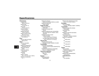 Dimensiones:
Longitud total:
1940 mm (76.4 in)
Anchura total:
715 mm (28.1 in)
Altura total:
1075 mm (42.3 in)
Altura del asiento:
775 mm (30.5 in)
Distancia entre ejes:
1235 mm (48.6 in)
Holgura mínima al suelo:
155 mm (6.10 in)
Radio de giro mínimo:
1.8 m (5.91 ft)
Peso:
Peso en orden de marcha:
96 kg (212 lb)
Motor:
Ciclo de combustión:
4 tiempos
Sistema de refrigeración:
Refrigerado por aire
Sistema de válvulas:
SOHC
Número de cilindros:
Monocilindro
Cilindrada:
114 cm³
Calibre × Carrera:
50.0 × 57.9 mm (1.97 × 2.28 in)
Relación de compresión:
9.3 : 1
Sistema de arranque:
Sistema de arranque eléctrico y a pedal
Sistema de lubricación:
Cárter húmedo
Aceite de motor:
Marca recomendada:
Grados de viscosidad SAE:
10W-40
Calidad de aceite de motor recomendado:
API servicio tipo SG o superior, norma
JASO MA
Cantidad de aceite de motor:
Cambio de aceite:
0.80 L (0.85 US qt, 0.70 Imp.qt)
0.85 L (0.90 US qt, 0.75 Imp.qt)
Filtro de aire:
Elemento de papel revestido con aceite
Combustible:
Combustible recomendado:
Gasolina normal sin plomo (Gasohol [E10]
aceptable)
Capacidad del depósito de combustible:
4.0 L (1.1 US gal, 0.9 Imp.gal)
Inyección de gasolina:
Cuerpo del acelerador:
Marca ID:
1FD6 10
Bujía(s):
Fabricante/modelo:
NGK/CR6HSA
Distancia entre electrodos de la bujía:
0.6–0.7 mm (0.024–0.028 in)
Embrague:
Tipo de embrague:
Húmedo, centrífugo, zapata + multidisco
Transmisión:
Relación de reducción primaria:
2.900 (58/20)
Cadena
Relación de reducción secundaria:
2.929 (41/14)
Tipo de transmisión:
Relación de engranajes:
1a:
2.833 (34/12)
2a:
1.875 (30/16)
3a:
1.353 (23/17)
4a:
1.045 (23/22)
Chasis:
Tipo de bastidor:
Bastidor de larguero central
Ángulo del eje delantero:
26.3 grados
Distancia entre perpendiculares:
73 mm (2.9 in)
Llanta delantera:
Tipo:
Con neumático
9-1
9
 