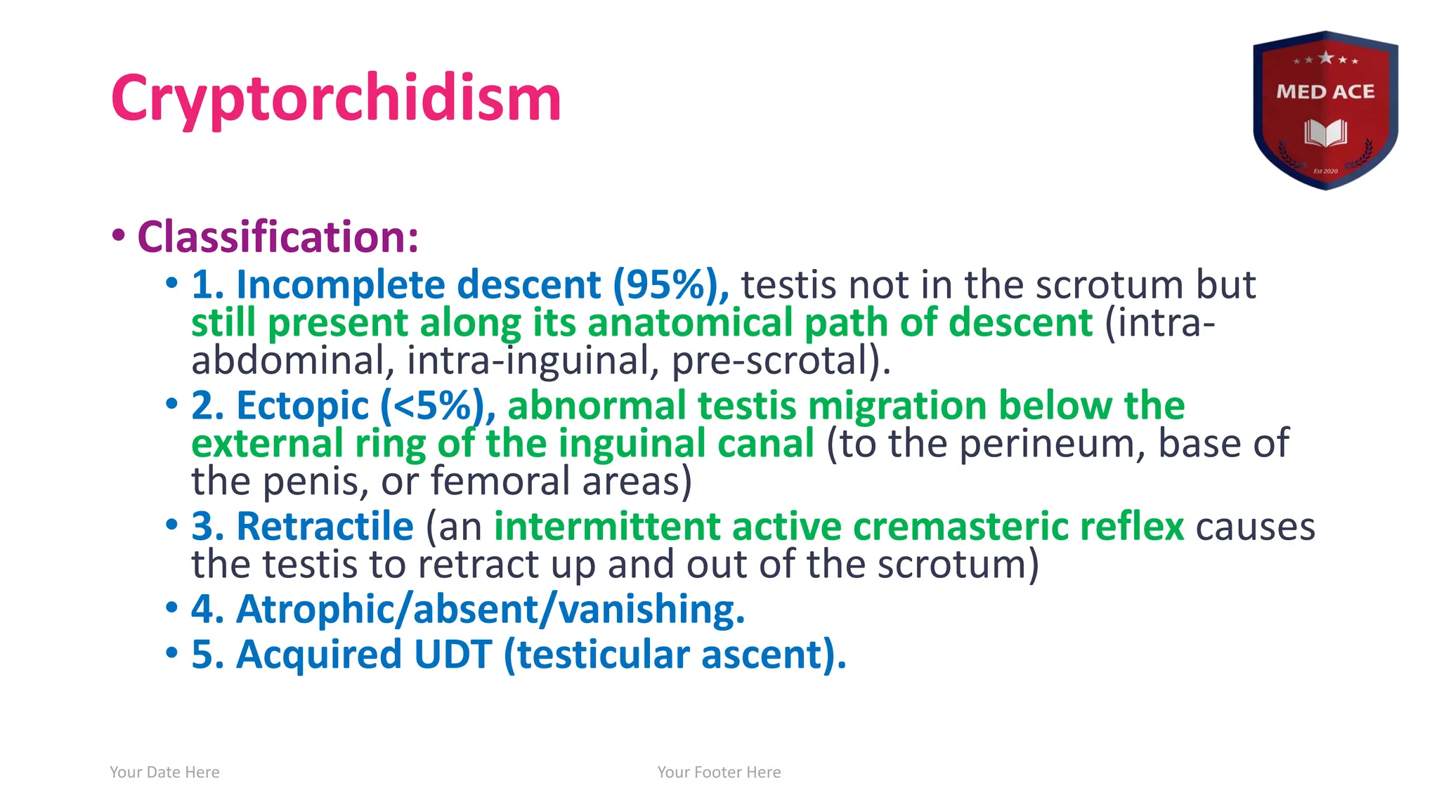 Cryptorchidism
• Classification:
• 1. Incomplete descent (95%), testis not in the scrotum but
still present along its anatomical path of descent (intra-
abdominal, intra-inguinal, pre-scrotal).
• 2. Ectopic (<5%), abnormal testis migration below the
external ring of the inguinal canal (to the perineum, base of
the penis, or femoral areas)
• 3. Retractile (an intermittent active cremasteric reflex causes
the testis to retract up and out of the scrotum)
• 4. Atrophic/absent/vanishing.
• 5. Acquired UDT (testicular ascent).
Your Date Here Your Footer Here 6
 
