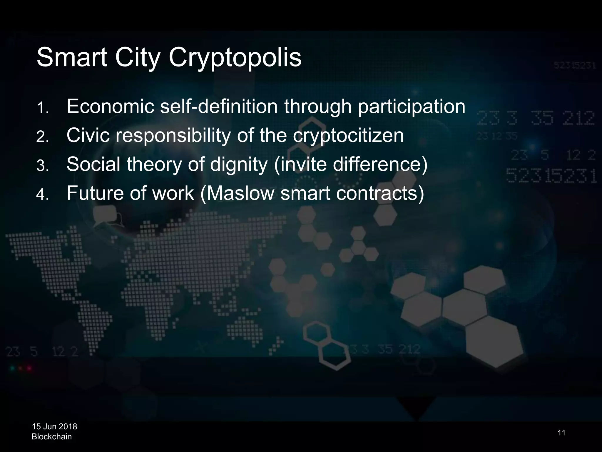 15 Jun 2018
Blockchain
Smart City Cryptopolis
11
1. Economic self-definition through participation
2. Civic responsibility of the cryptocitizen
3. Social theory of dignity (invite difference)
4. Future of work (Maslow smart contracts)
 