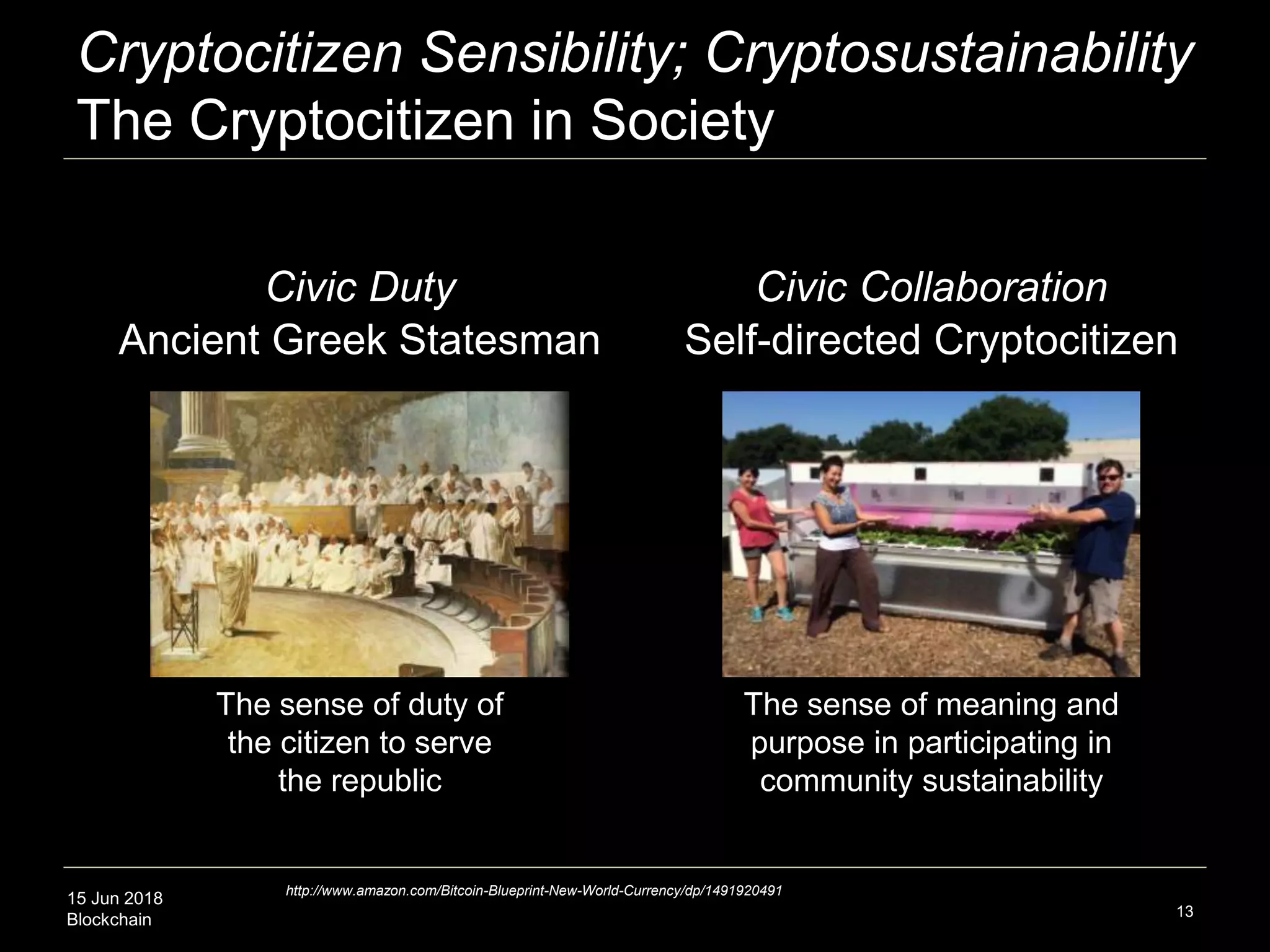 15 Jun 2018
Blockchain
Cryptocitizen Sensibility; Cryptosustainability
The Cryptocitizen in Society
13
The sense of duty of
the citizen to serve
the republic
Civic Duty Civic Collaboration
Ancient Greek Statesman Self-directed Cryptocitizen
The sense of meaning and
purpose in participating in
community sustainability
http://www.amazon.com/Bitcoin-Blueprint-New-World-Currency/dp/1491920491
 