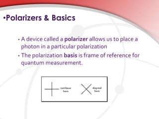 •Polarizers & Basics
• A device called a polarizer allows us to place a
photon in a particular polarization
• The polarization basis is frame of reference for
quantum measurement.
 