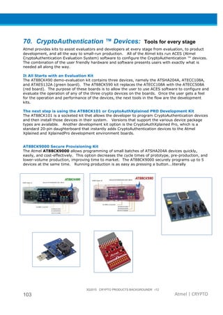 3Q2015 CRYPTO PRODUCTS BACKGROUNDR r12
103 Atmel | CRYPTO
70. CryptoAuthentication ™ Devices: Tools for every stage
Atmel provides kits to assist evaluators and developers at every stage from evaluation, to product
development, and all the way to small-run production. All of the Atmel kits run ACES (Atmel
CryptoAuthentication Evaluation System) software to configure the CryptoAuthentication ™ devices.
The combination of the user friendly hardware and software presents users with exactly what is
needed all along the way.
It All Starts with an Evaluation Kit
The AT88CK490 demo-evaluation kit contains three devices, namely the ATSHA204A, ATECC108A,
and ATAES132A (green board). The AT88CK590 kit replaces the ATECC108A with the ATECC508A
(red board). The purpose of these boards is to allow the user to use ACES software to configure and
evaluate the operation of any of the three crypto devices on the boards. Once the user gets a feel
for the operation and performance of the devices, the next tools in the flow are the development
kits.
The next step is using the AT88CK101 or CryptoAuthXplained PRO Development Kit
The AT88CK101 is a socketed kit thet allows the developer to program CryptoAuthentication devices
and then install those devices in their system. Versions that support the various device package
types are avialable. Another development kit option is the CryptoAuthXplained Pro, which is a
standard 20-pin daughterboard that instantly adds CryptoAuthentication devices to the Atmel
Xplained and XplainedPro development environment boards.
AT88CK9000 Secure Provisioning Kit
The Atmel AT88CK9000 allows programming of small batches of ATSHA204A devices quickly,
easily, and cost-effectively. This option decreases the cycle times of prototype, pre-production, and
lower-volume production, improving time to market. The AT88CK9000 securely programs up to 5
devices at the same time. Running production is as easy as pressing a button...literally
 